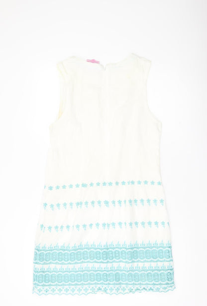 Superdry Women White Shift Dress L Embroidered Floral Boho Knee Length