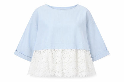 Darimeya Women’s Blue White Lace Tunic Blouse S Regular