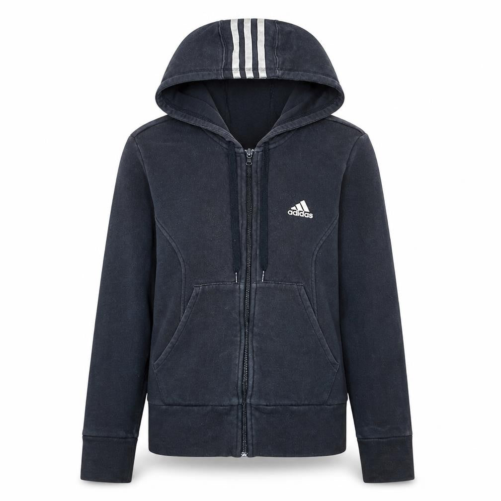 Front view of Adidas women’s black full zip hoodie sweatshirt, size M, 12-14 uk