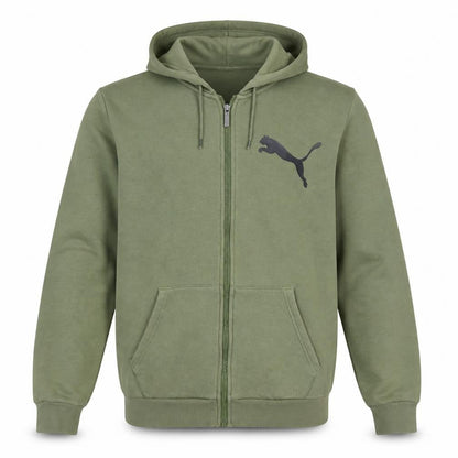 Front view of Puma Men’s Green Full Zip Hoodie L Sports Logo Graphic Sweatshirt