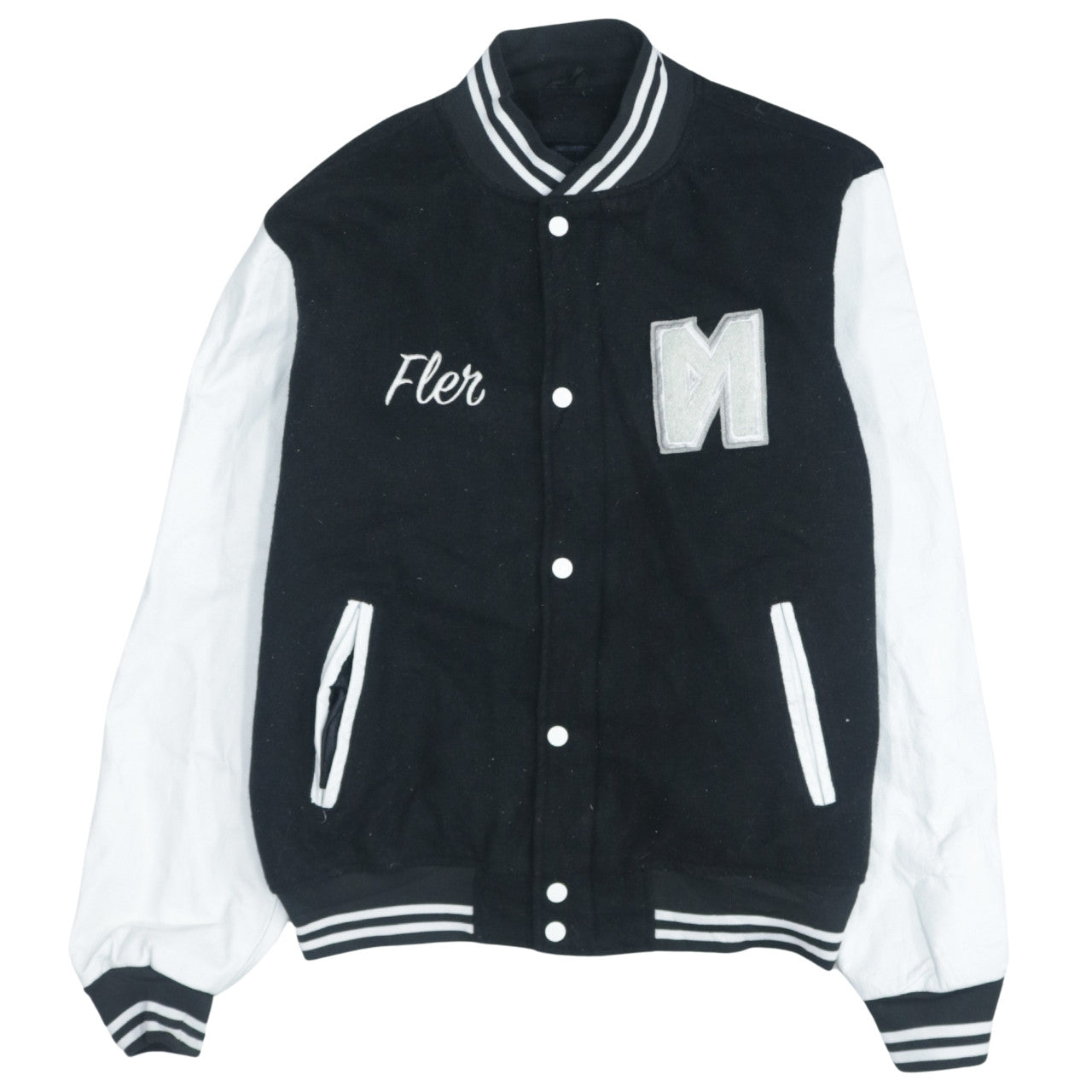 The First Real Brand Varsity Jacket Unisex Black White XL Wool Leather