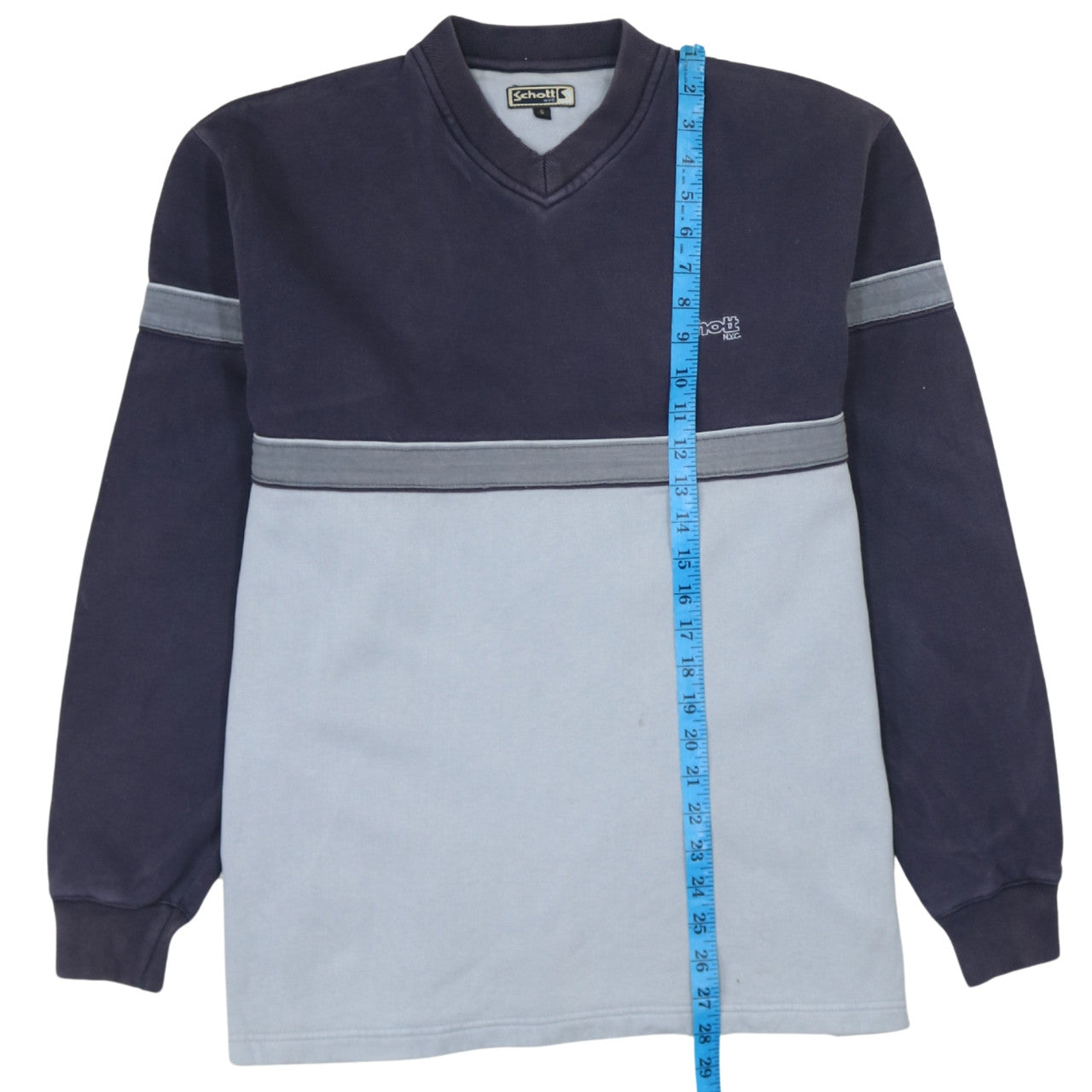 Schott NYC Mens Small Blue Pullover Sweatshirt V-Neck Logo Cotton
