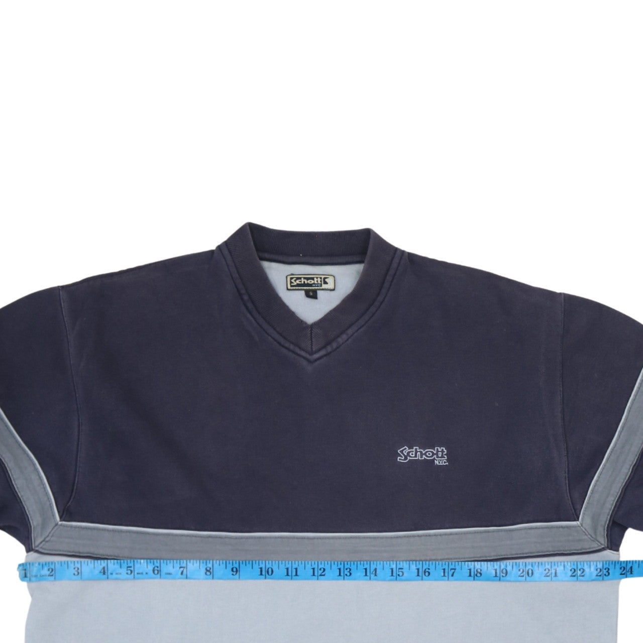 Schott NYC Mens Small Blue Pullover Sweatshirt V-Neck Logo Cotton
