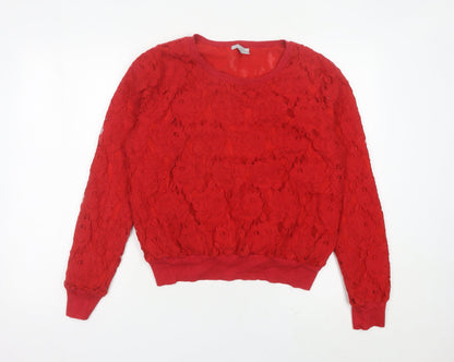 H&M Women Red Lace Pullover Sweatshirt Size 16 Lined Floral