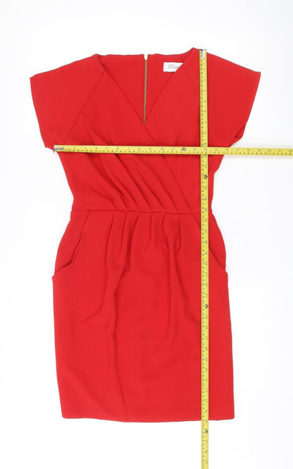 Closet London Women Red Bodycon Dress Size 8 V-Neck Ruched Zip