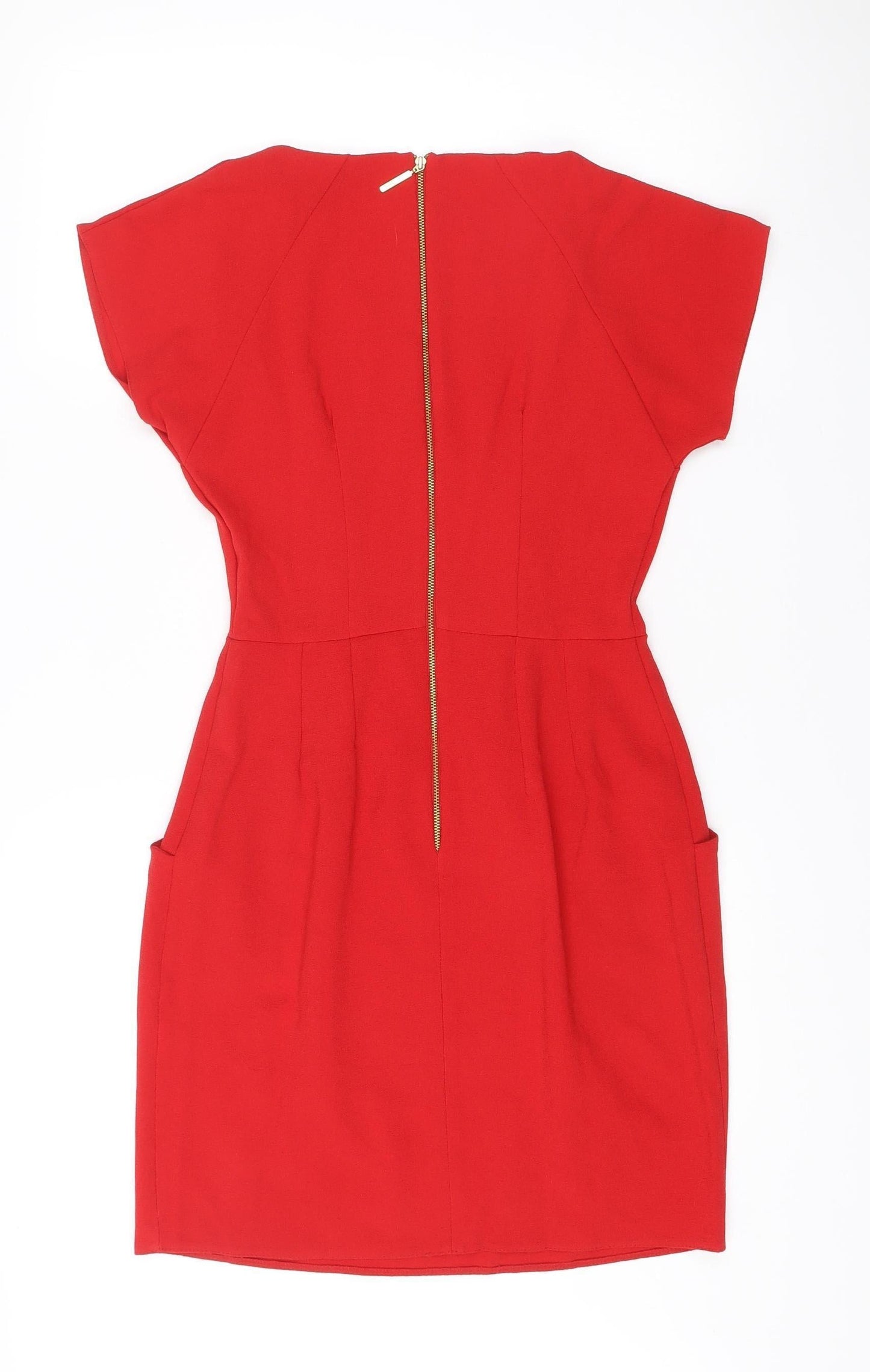 Closet London Women Red Bodycon Dress Size 8 V-Neck Ruched Zip