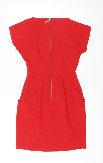 Closet London Women Red Bodycon Dress Size 8 V-Neck Ruched Zip