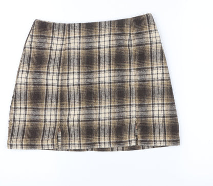 Cider Women Brown Plaid Tweed Mini Skirt Size S Straight Lined
