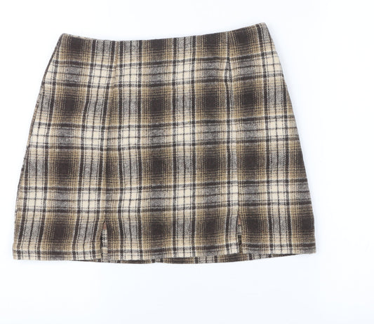 Cider Women Brown Plaid Tweed Mini Skirt Size S Straight Lined