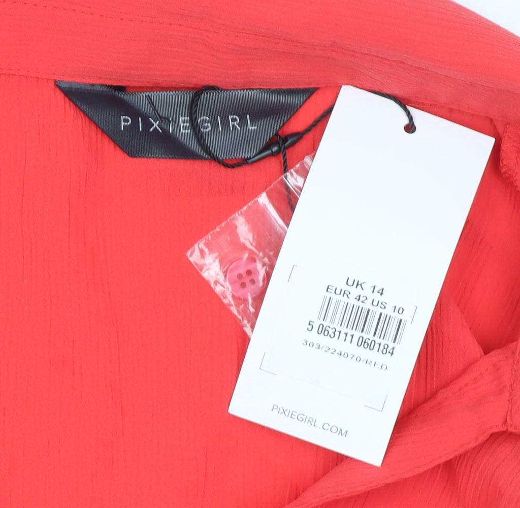PixieGirl Womens Red Cropped Blouse UK 14 Long Sleeve Collared