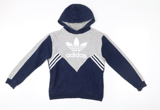 Adidas Boys Blue Grey Pullover Hoodie 11-12 Years Logo Sportswear