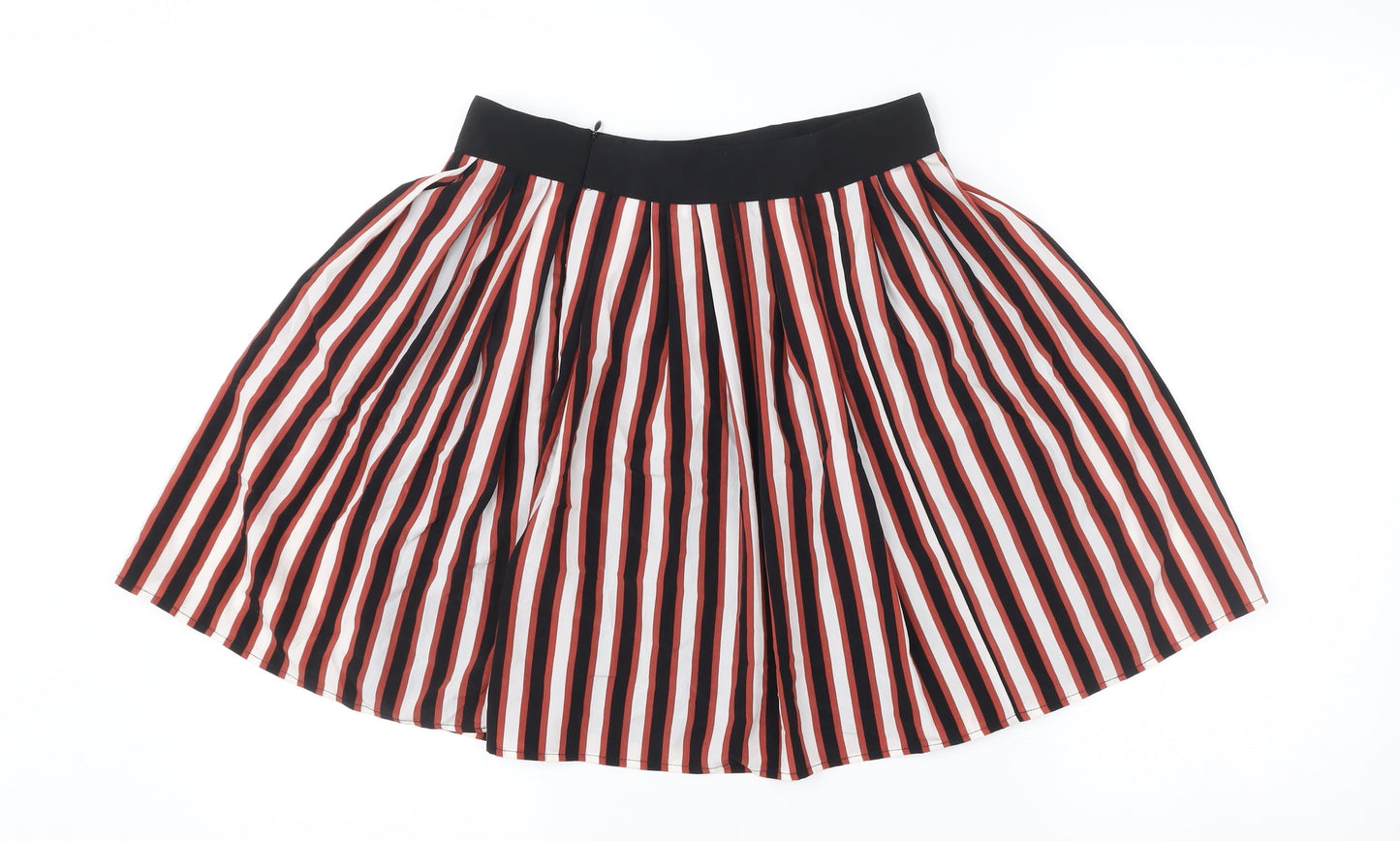 Mango Women’s Red Black White Striped Pleated Knee Skirt Size 10