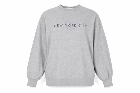 Front view of ASOS Women Grey, size 8, Maternity Sweatshirt NYC Logo Pullover