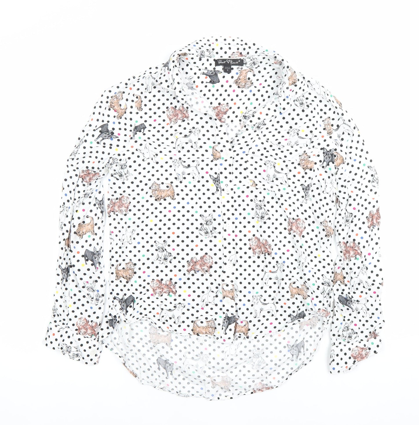 Yours Heart Women’s White Dog Print Polka Dot Button-Up Shirt Size S