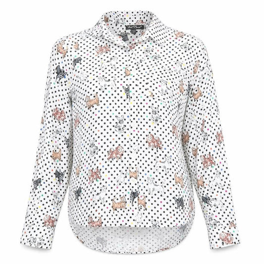 Yours Heart Women’s White Dog Print Polka Dot Button-Up Shirt Size S