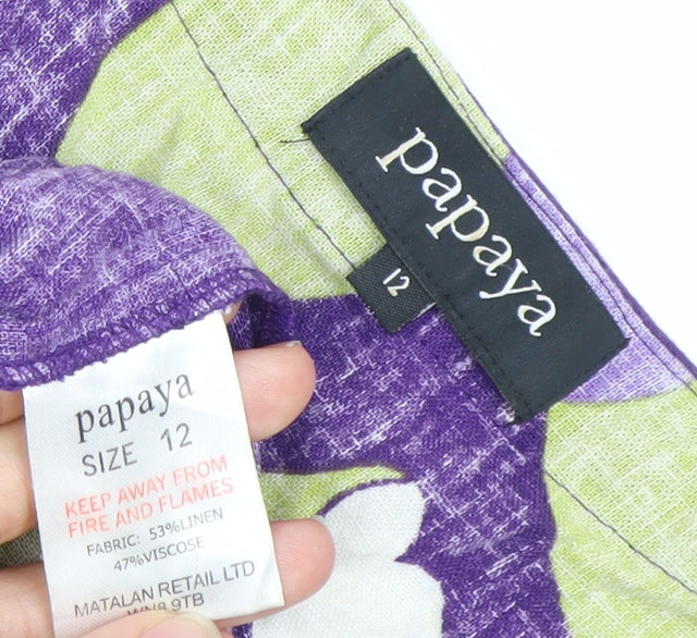 Papaya Womens Purple Floral Shift Dress Size 12 Linen Blend