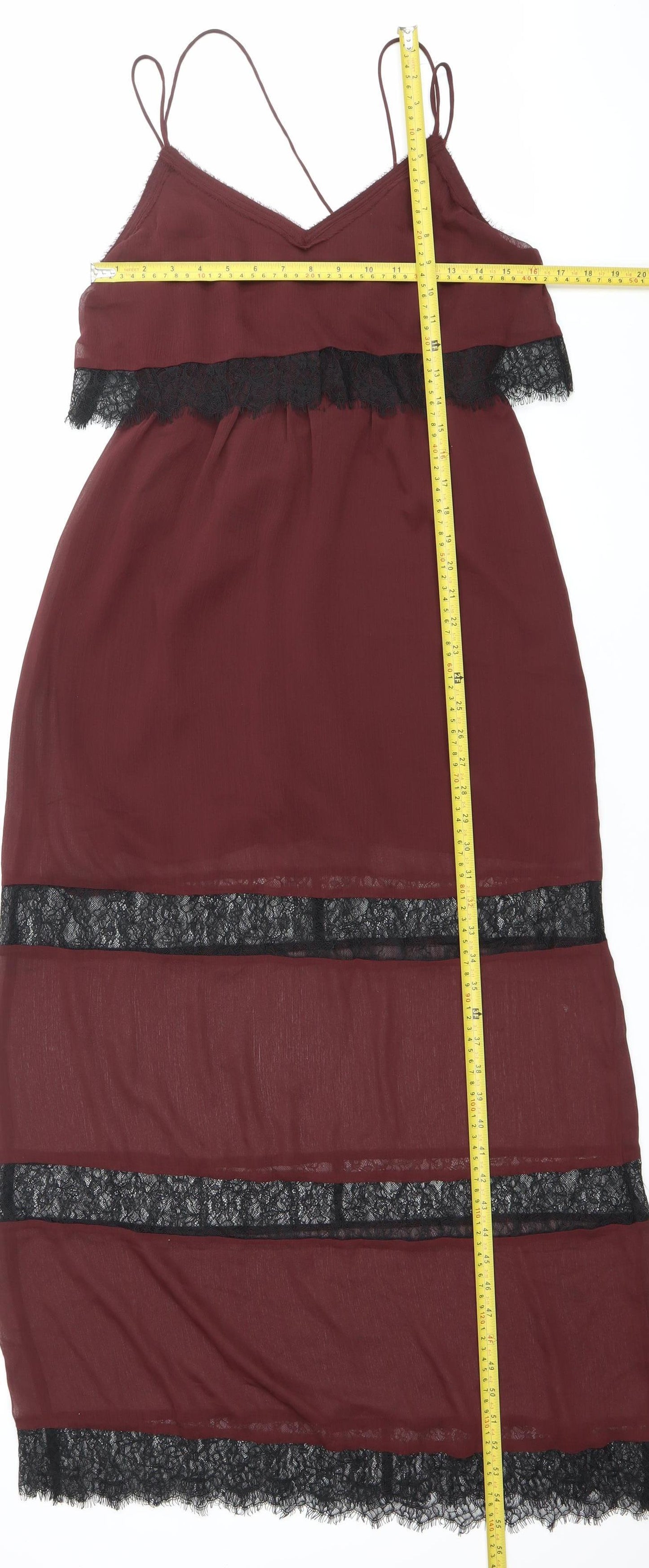 H&M Womens Red Lace Trim Slip Dress Size 10 Midi V-Neck
