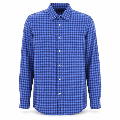 Front view of Jaeger Men’s Blue Check Cotton Button-Up Shirt, size S