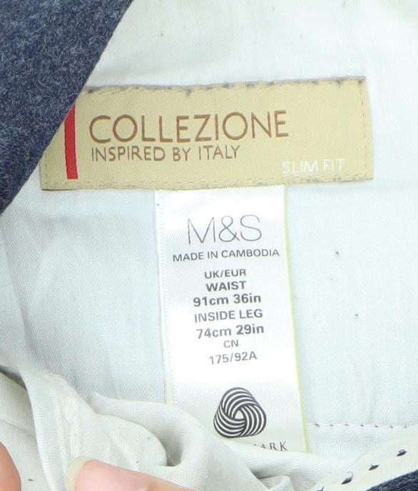 Marks and Spencer Men’s Blue Wool Slim Fit Dress Trousers 36W 29L