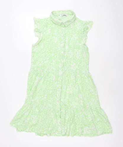Stradivarius Women’s Green Floral Shirt Dress Size 8 Collared Ruffle