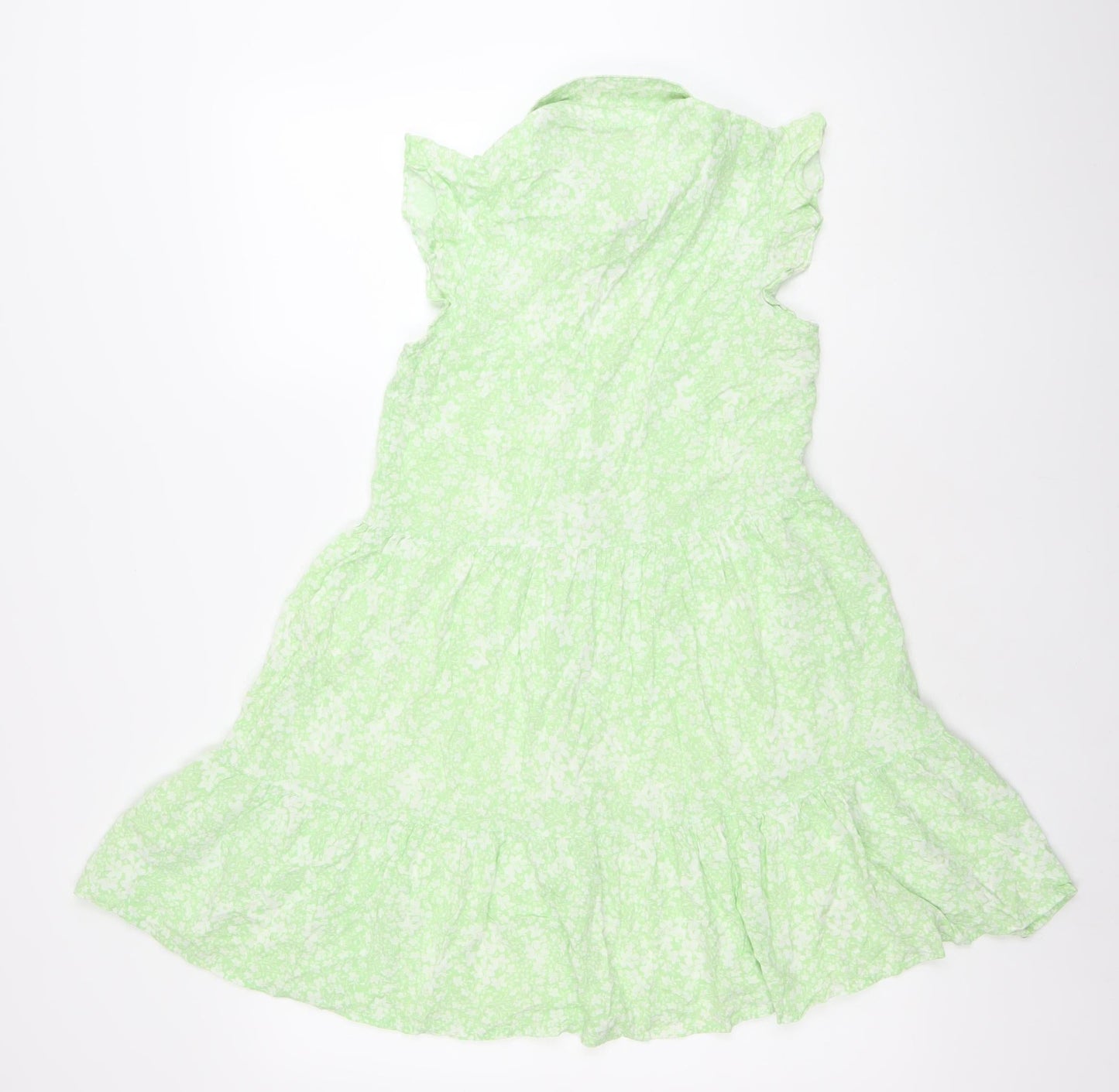 Stradivarius Women’s Green Floral Shirt Dress Size 8 Collared Ruffle