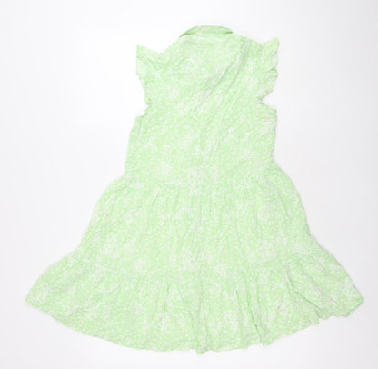 Stradivarius Women’s Green Floral Shirt Dress Size 8 Collared Ruffle