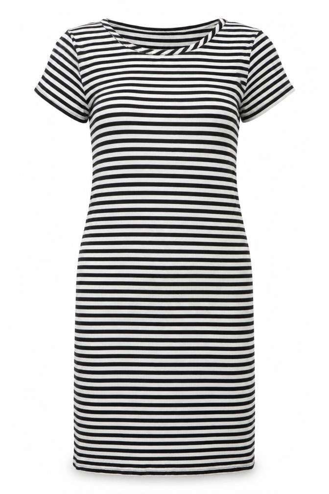 Front view of Next Teens Black White Striped T-Shirt Dress, size 12-14