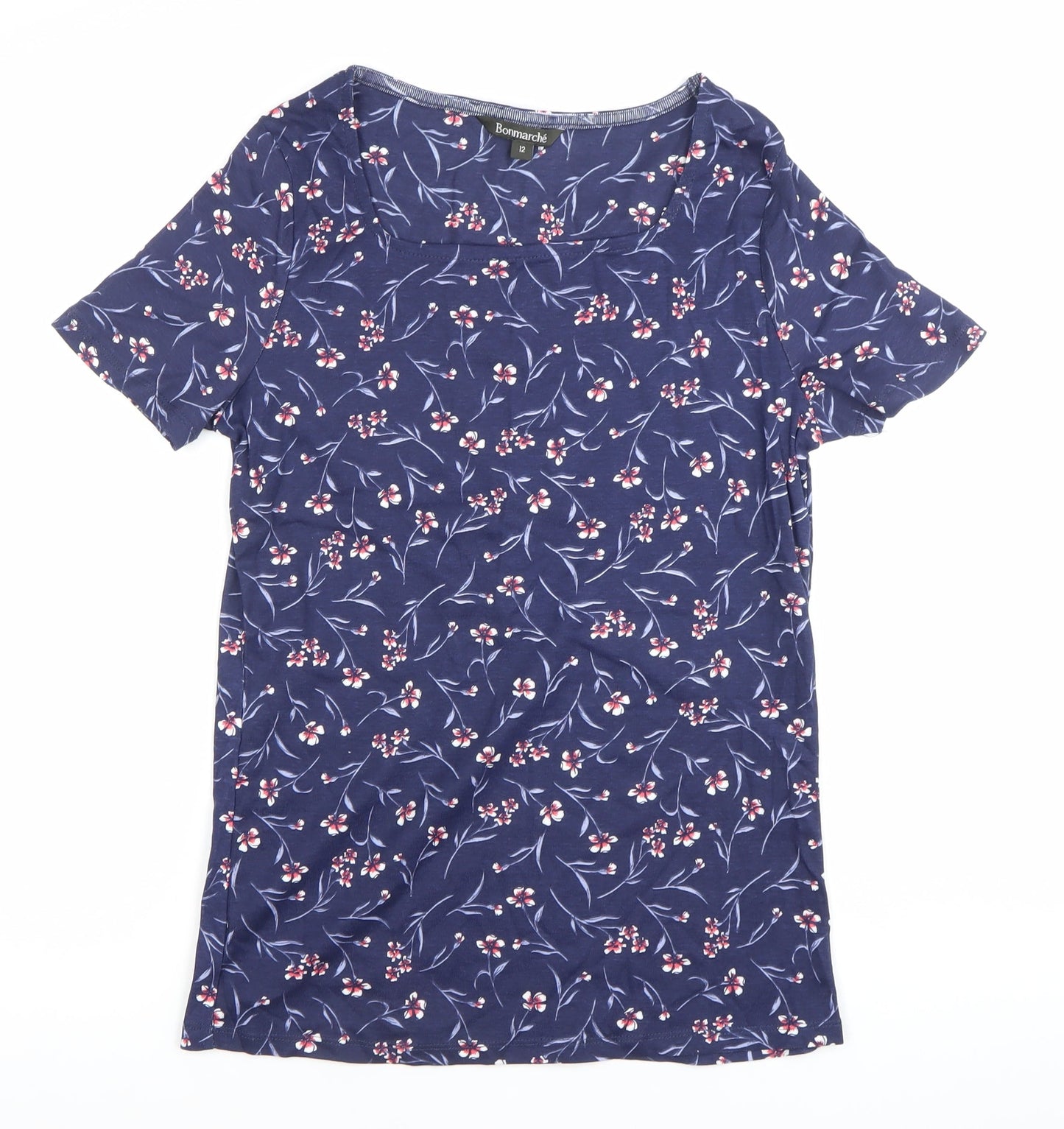 Bonmarché Women’s Blue Floral Cotton T-Shirt Size 12 Short Sleeve
