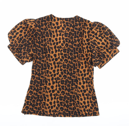 Boohoo Women’s Brown Leopard Print Puff Sleeve V-Neck Blouse Size 6