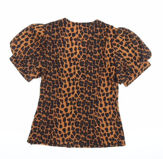 Boohoo Women’s Brown Leopard Print Puff Sleeve V-Neck Blouse Size 6