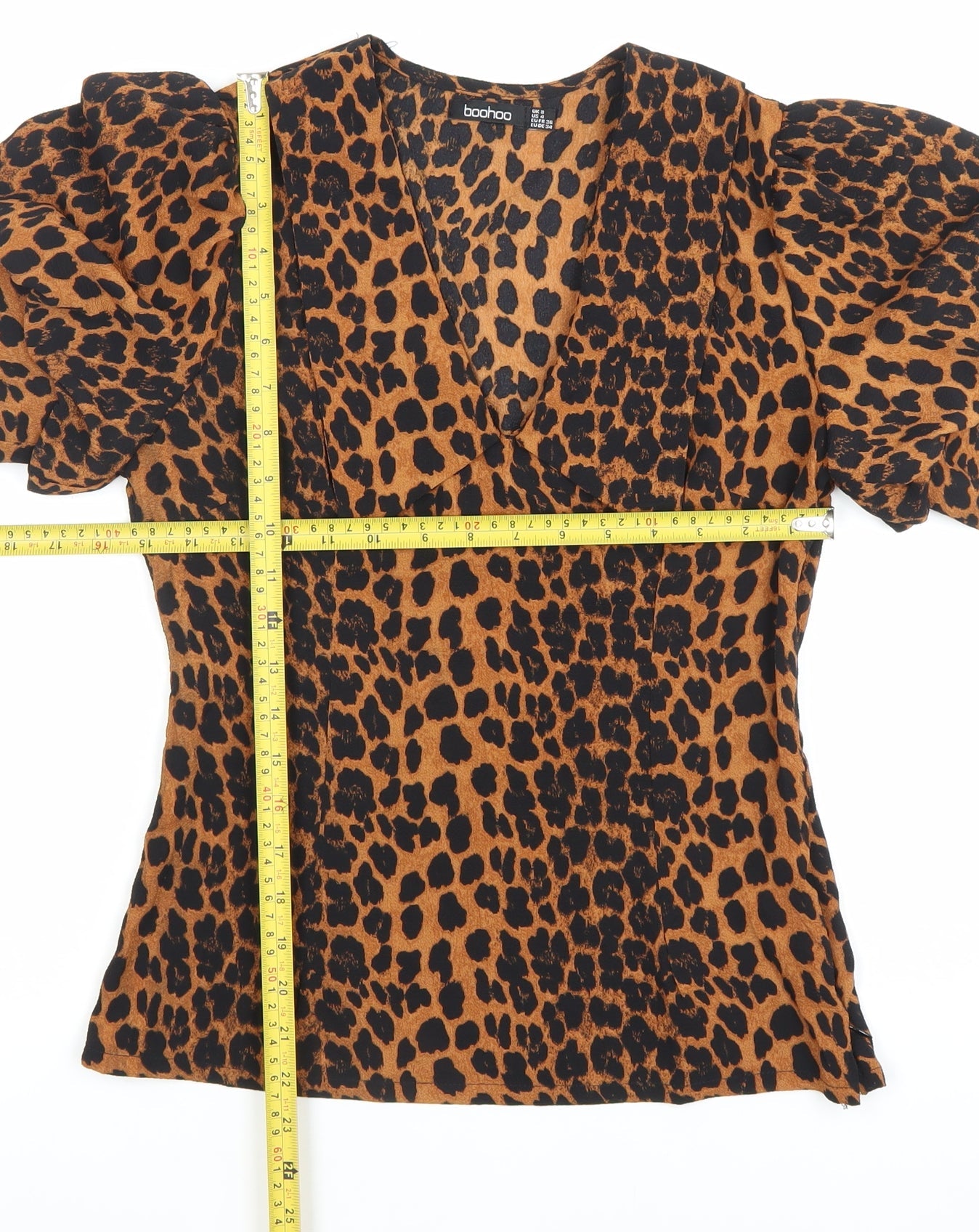 Boohoo Women’s Brown Leopard Print Puff Sleeve V-Neck Blouse Size 6