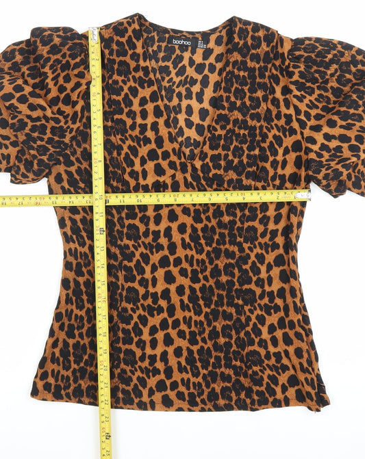 Boohoo Women’s Brown Leopard Print Puff Sleeve V-Neck Blouse Size 6