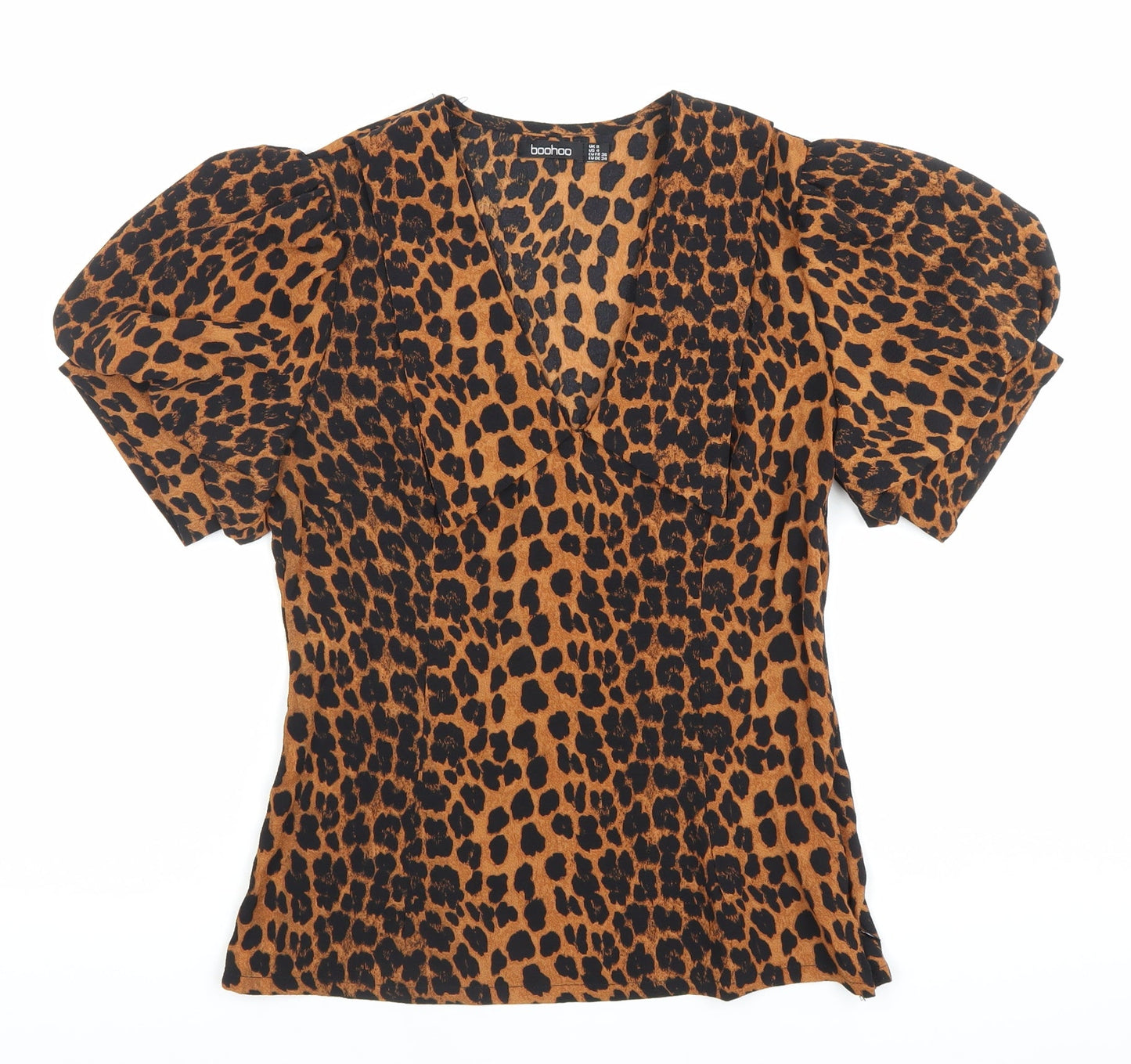 Boohoo Women’s Brown Leopard Print Puff Sleeve V-Neck Blouse Size 6