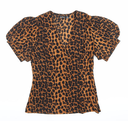 Boohoo Women’s Brown Leopard Print Puff Sleeve V-Neck Blouse Size 6