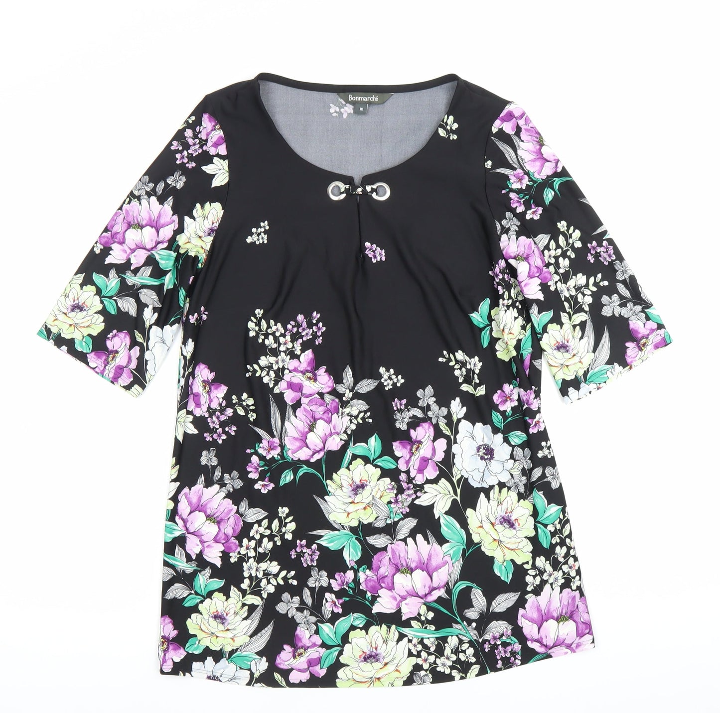 Bonmarché Women Black Floral Shift Dress Size 10 Scoop Neck