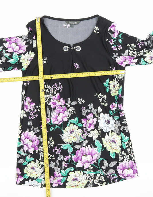 Bonmarché Women Black Floral Shift Dress Size 10 Scoop Neck