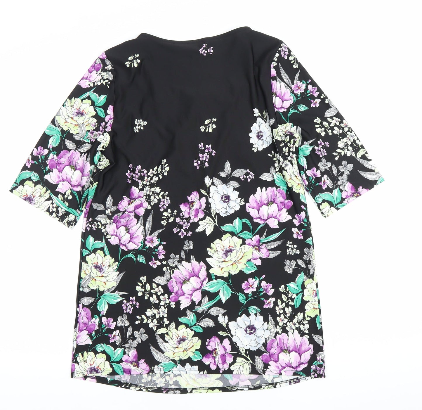 Bonmarché Women Black Floral Shift Dress Size 10 Scoop Neck