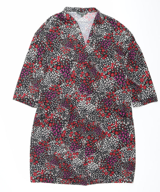 Bonmarché Women’s Black Floral Bodycon Dress Size 10 V-Neck Long Sleeve