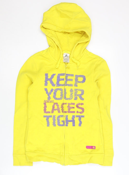 Adidas Womens Yellow Full Zip Hoodie Size 8 UK Sports Graphic