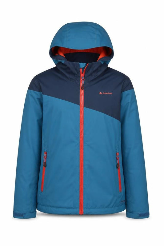Front view of Quechua unisex kids blue 14 years hooded rain coat jacket outdoor hiking