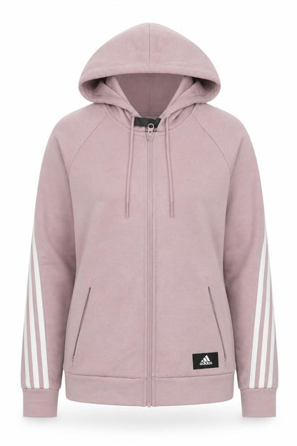 Front view of Adidas Women’s Pink Full Zip Hoodie, size UK 8, Cotton Blend