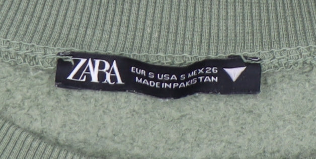 Zara Women Green Small Pullover Sweatshirt Cotton Blend Casual