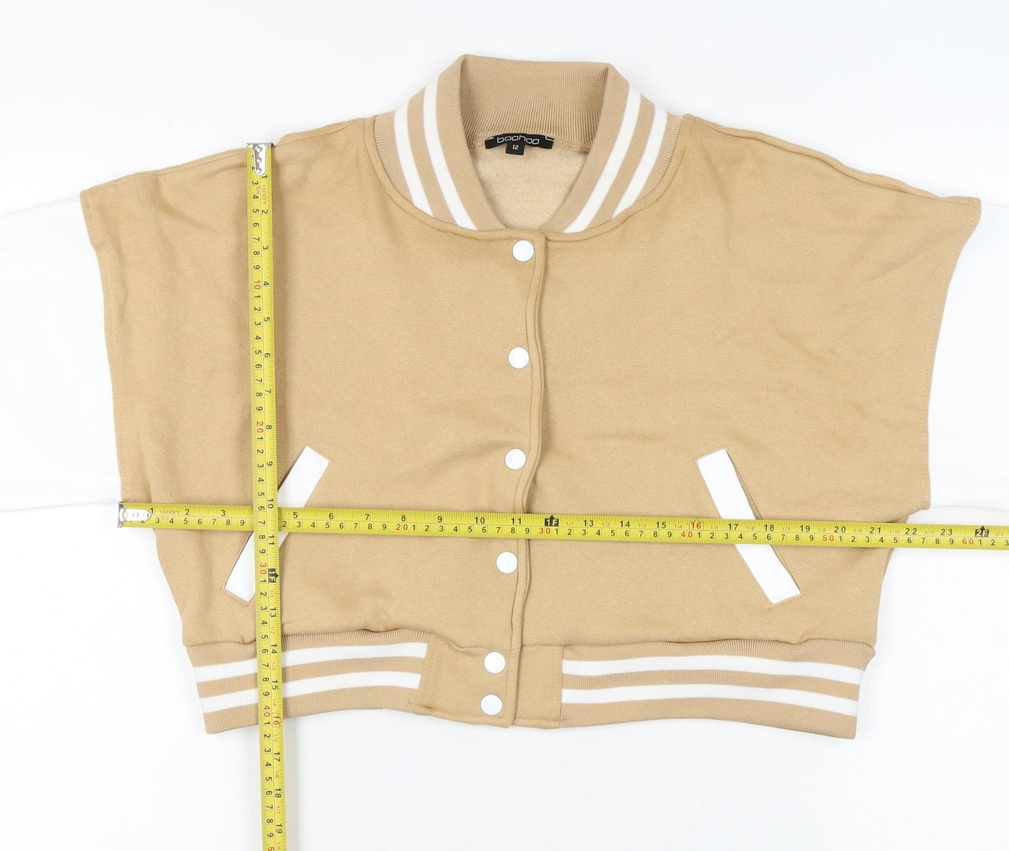 Boohoo Womens Beige White Size 12 Varsity Cropped Jacket