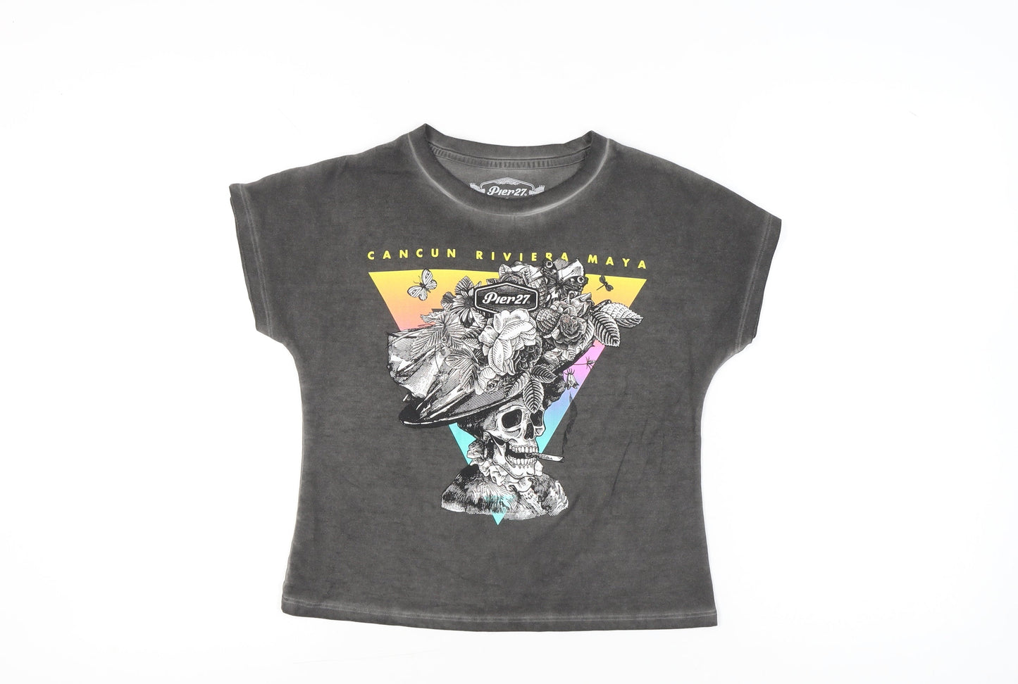 Pier27 Women's Grey Skull Graphic T-Shirt M Casual Short Sleeve