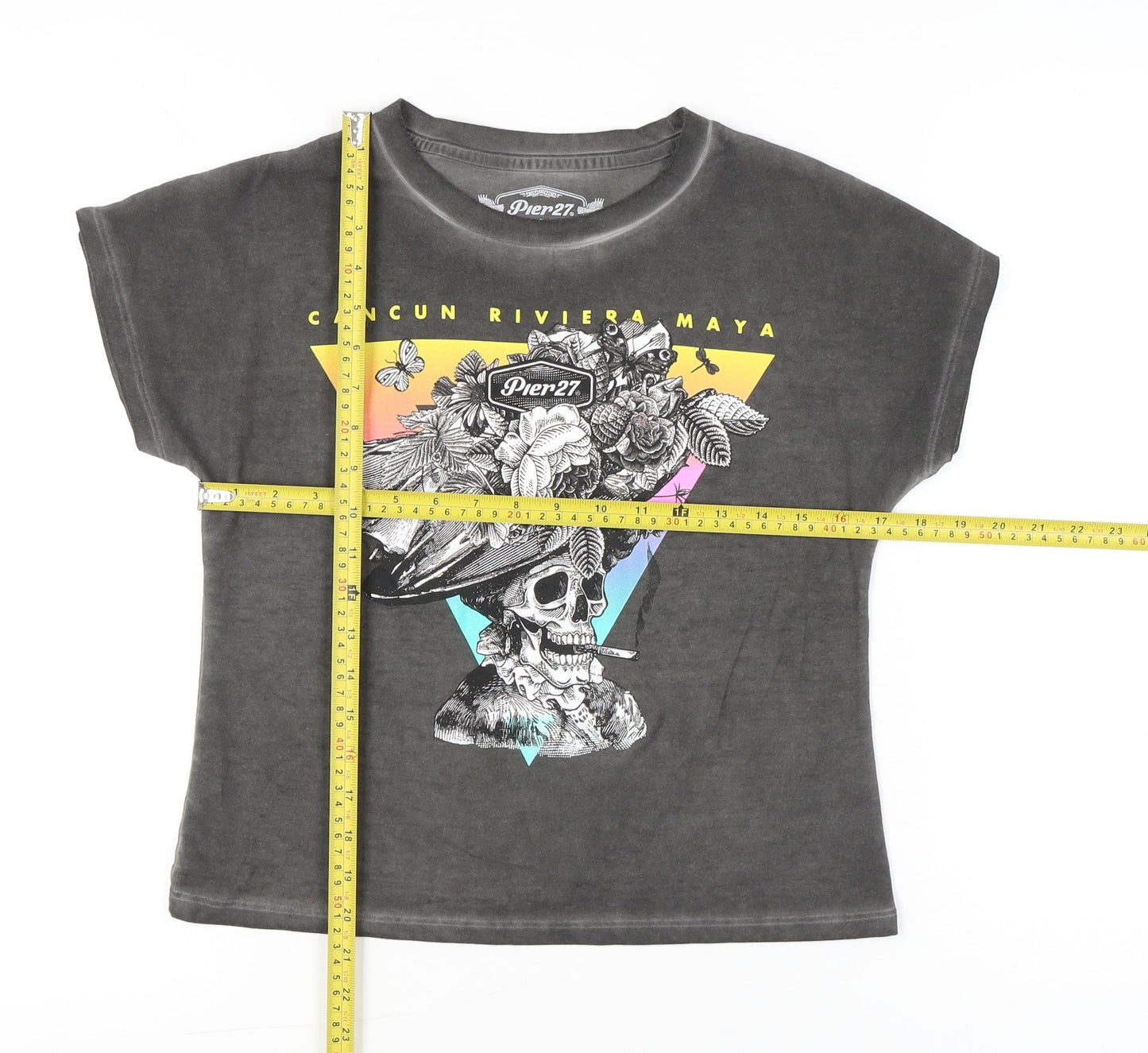 Pier27 Women's Grey Skull Graphic T-Shirt M Casual Short Sleeve