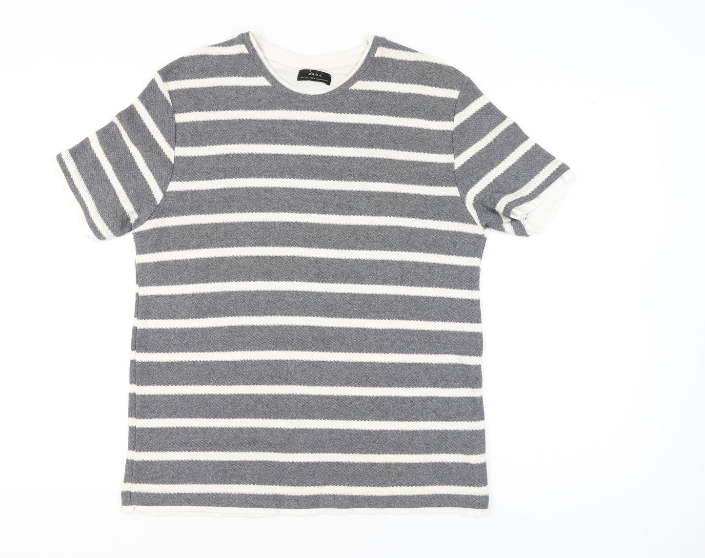 Zara Men Grey Striped Cotton Blend Crew Neck T-Shirt Size L