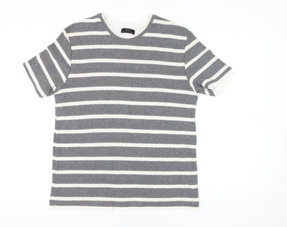 Zara Men Grey Striped Cotton Blend Crew Neck T-Shirt Size L