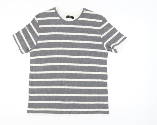 Zara Men Grey Striped Cotton Blend Crew Neck T-Shirt Size L