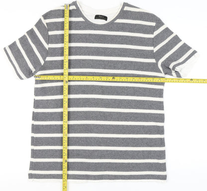 Zara Men Grey Striped Cotton Blend Crew Neck T-Shirt Size L