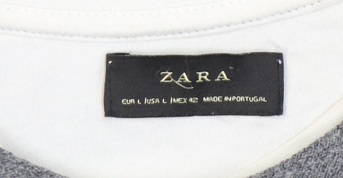 Zara Men Grey Striped Cotton Blend Crew Neck T-Shirt Size L